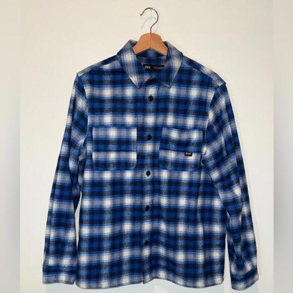 Zara Blue and Black Plaid Button-Up Shirt